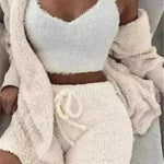 Winter Sexy Women Home Wear Suit Casual Pajamas Set Lady Female Soft Warm Long Sleeve Exposed Navel Vest Shorts Set - EX-STOCK CANADA
