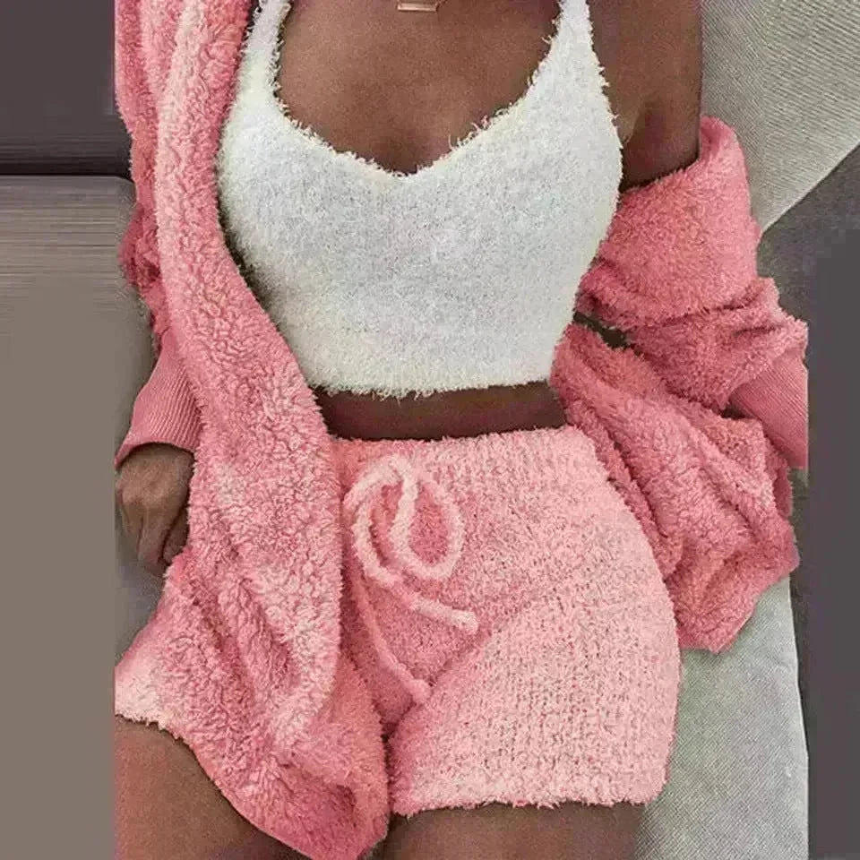 Winter Sexy Women Home Wear Suit Casual Pajamas Set Lady Female Soft Warm Long Sleeve Exposed Navel Vest Shorts Set - EX-STOCK CANADA