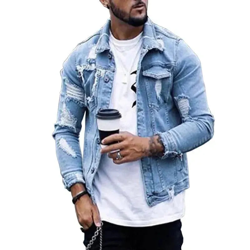 Lapel Men's Denim Jacket Ripped Irregular Washed Jacket Jeans - EX-STOCK CANADA
