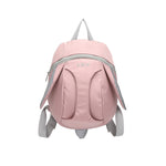 Pink backpack with gray straps on a white background