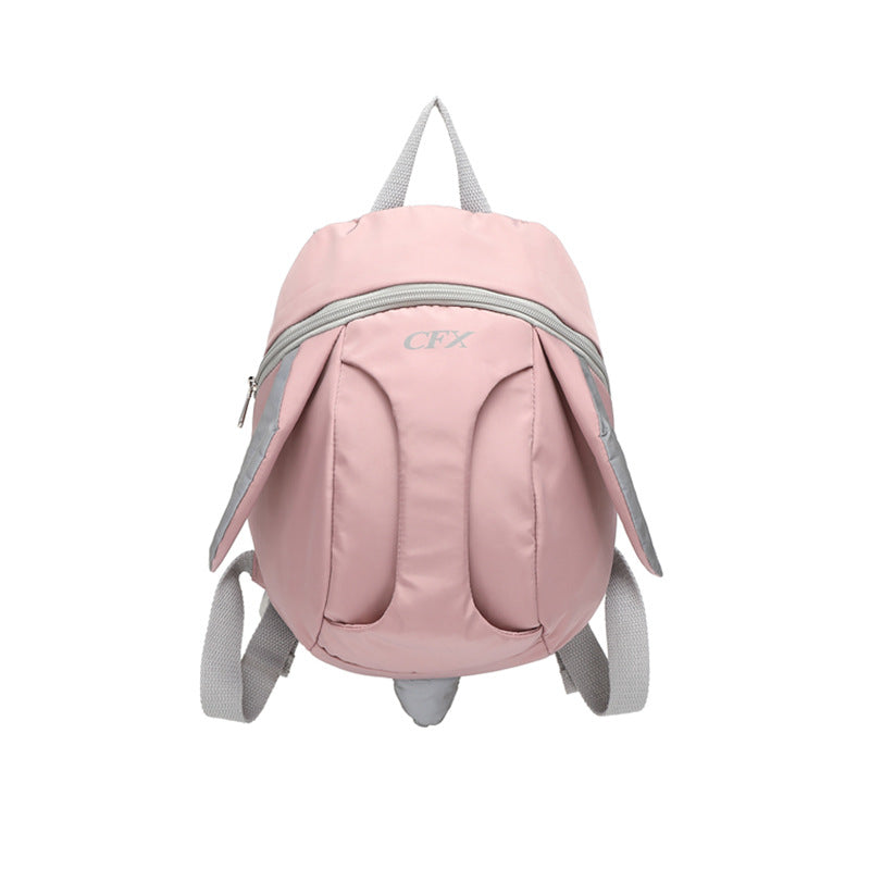 Pink backpack with gray straps on a white background