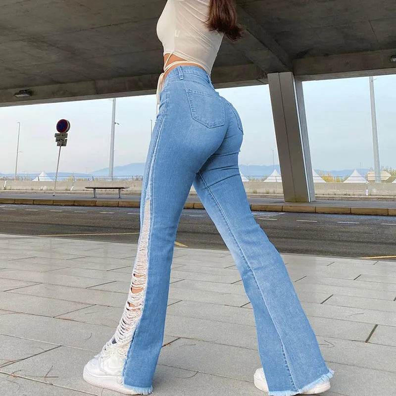 New Style Women's Casual Pierced Drawnwork High Waist Bootcut Washed Jeans - EX-STOCK Canada