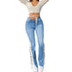 New Style Women's Casual Pierced Drawnwork High Waist Bootcut Washed Jeans - EX-STOCK Canada