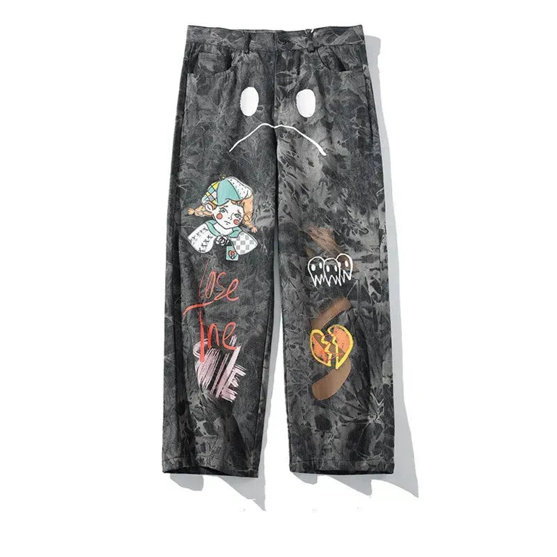 Streetwear Men Loose Denim Pants Graffiti Print Black Vintage Denim Pants Harajuku Joggers Trousers Cotton Jeans - EX-STOCK CANADA