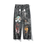 Streetwear Men Loose Denim Pants Graffiti Print Black Vintage Denim Pants Harajuku Joggers Trousers Cotton Jeans - EX-STOCK CANADA