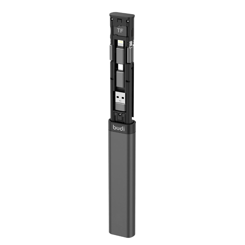 A BUDI wireless fingerprint lock with a sleek, modern design featuring a dark gray body and a black top section with a USB-C port, shown on a solid white background.