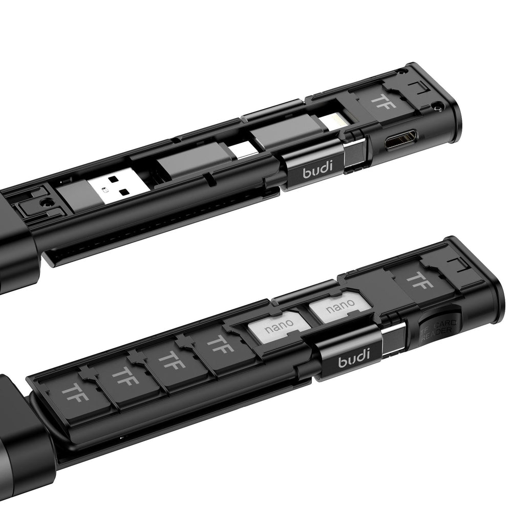 Two black electronic devices with 'budi' branding on a white background