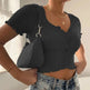 Women Summer Short Sleeve Ruffle Buttons Frilly Solid Color  tank Tops - EX-STOCK CANADA
