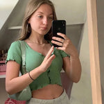 Women Summer Short Sleeve Ruffle Buttons Frilly Solid Color  tank Tops - EX-STOCK CANADA