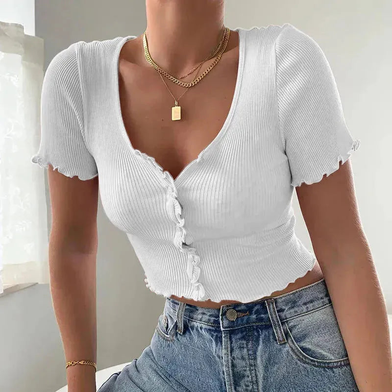 Women Summer Short Sleeve Ruffle Buttons Frilly Solid Color  tank Tops - EX-STOCK CANADA