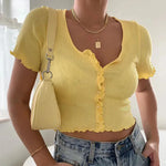 Women Summer Short Sleeve Ruffle Buttons Frilly Solid Color  tank Tops - EX-STOCK CANADA