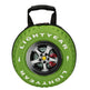 Green toy tire with 'LIGHTYEAR' branding on a white background