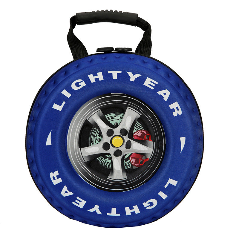 Blue toy tire with a wheel inside and 'LIGHTYEAR' branding on a white background