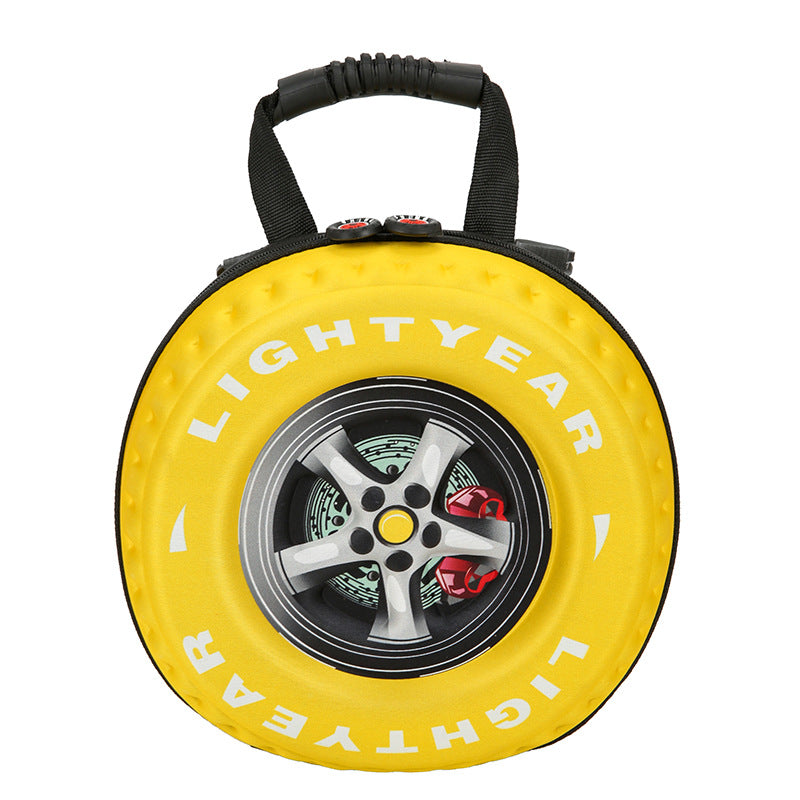 Yellow tire-shaped bag with 'Lightyear' branding on a white background
