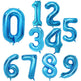 A set of metallic light blue foil balloon numbers from 0 to 9, arranged on a plain white background.