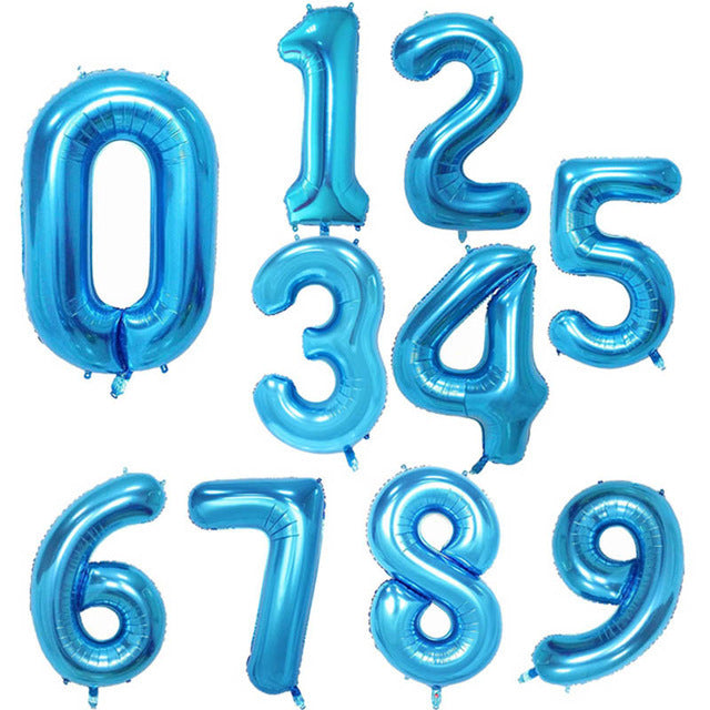 A set of metallic light blue foil balloon numbers from 0 to 9, arranged on a plain white background.