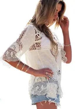 Jastie Bohemian Hollow Out Beach Cover Up Blouse Beach Shirt Women Crochet Lace Top Blusas mujer de moda Summer Tops - EX-STOCK CANADA