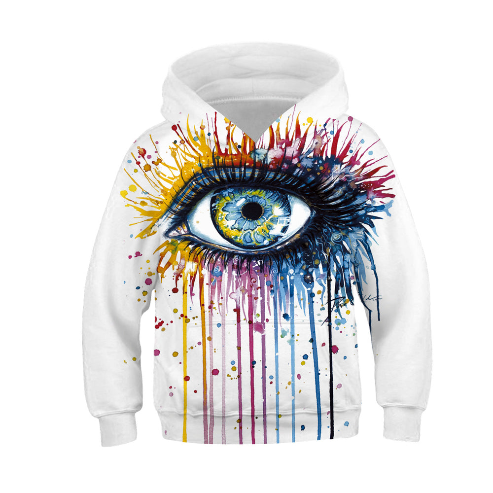White hoodie with a colorful eye design on a white background