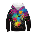 Colorful splatter paint hoodie on a white background