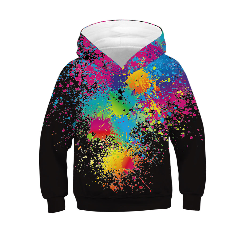 Colorful splatter paint hoodie on a white background