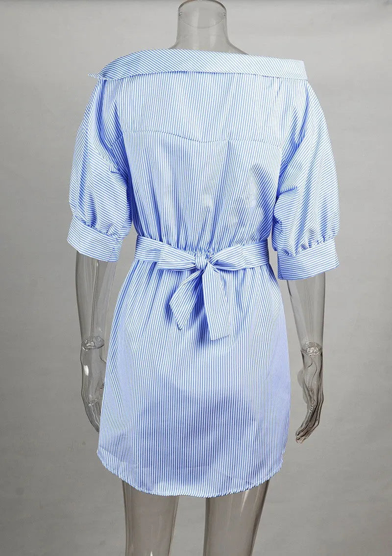 Summer Dress chic slant Shoulder stripe tie belt mini Dress - EX-STOCK CANADA