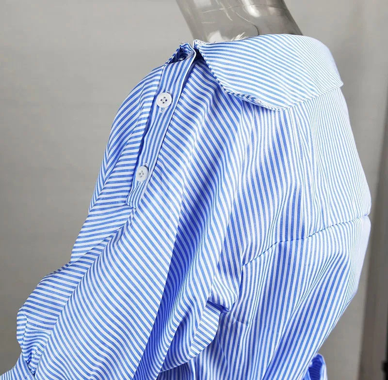 Summer Dress chic slant Shoulder stripe tie belt mini Dress - EX-STOCK CANADA