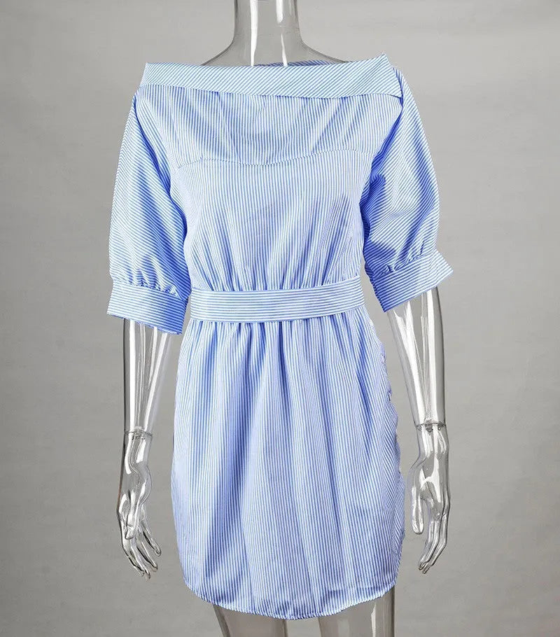 Summer Dress chic slant Shoulder stripe tie belt mini Dress - EX-STOCK CANADA