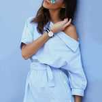 Summer Dress chic slant Shoulder stripe tie belt mini Dress - EX-STOCK CANADA
