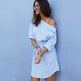 Summer Dress chic slant Shoulder stripe tie belt mini Dress - EX-STOCK CANADA