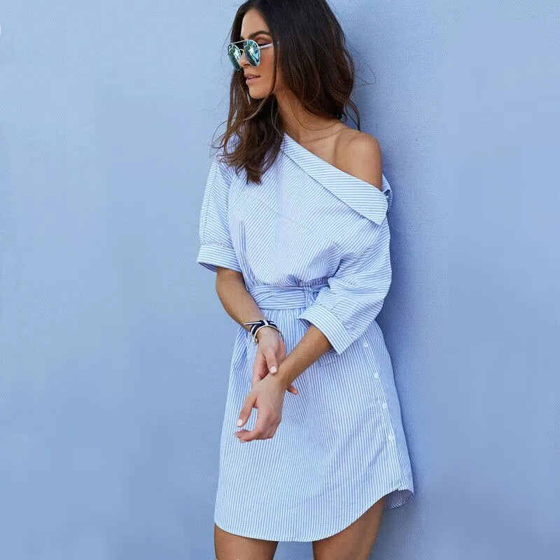 Summer Dress chic slant Shoulder stripe tie belt mini Dress - EX-STOCK CANADA