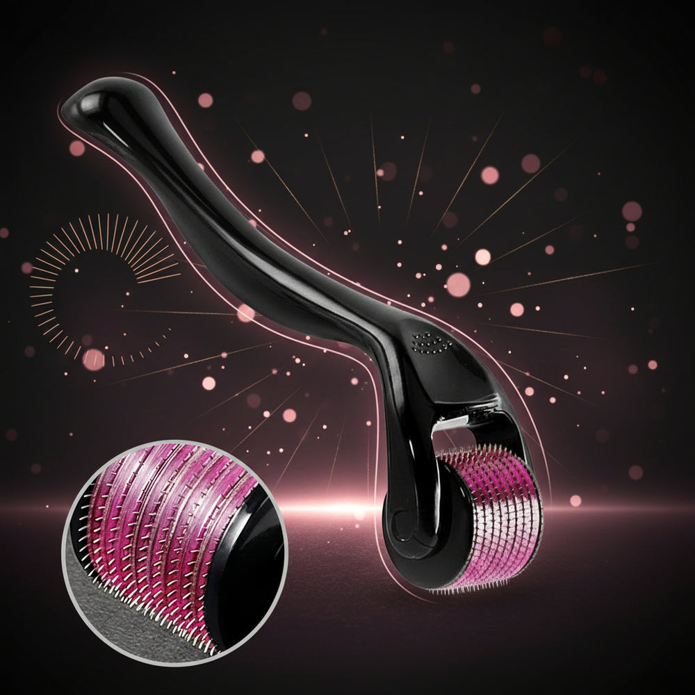Facial roller device with close-up inset on a white background