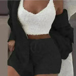 Winter Sexy Women Home Wear Suit Casual Pajamas Set Lady Female Soft Warm Long Sleeve Exposed Navel Vest Shorts Set - EX-STOCK CANADA