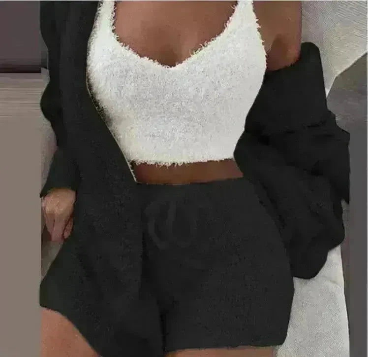 Winter Sexy Women Home Wear Suit Casual Pajamas Set Lady Female Soft Warm Long Sleeve Exposed Navel Vest Shorts Set - EX-STOCK CANADA