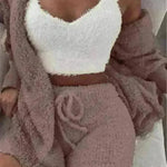 Winter Sexy Women Home Wear Suit Casual Pajamas Set Lady Female Soft Warm Long Sleeve Exposed Navel Vest Shorts Set - EX-STOCK CANADA