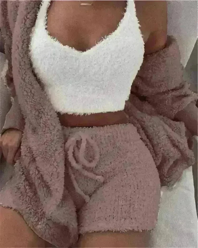 Winter Sexy Women Home Wear Suit Casual Pajamas Set Lady Female Soft Warm Long Sleeve Exposed Navel Vest Shorts Set - EX-STOCK CANADA