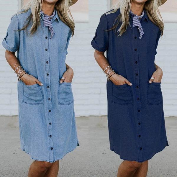 Women's Solid Color Casual Denim Short Sleeve Pocket loose Denim Dress - EX-STOCK Canada