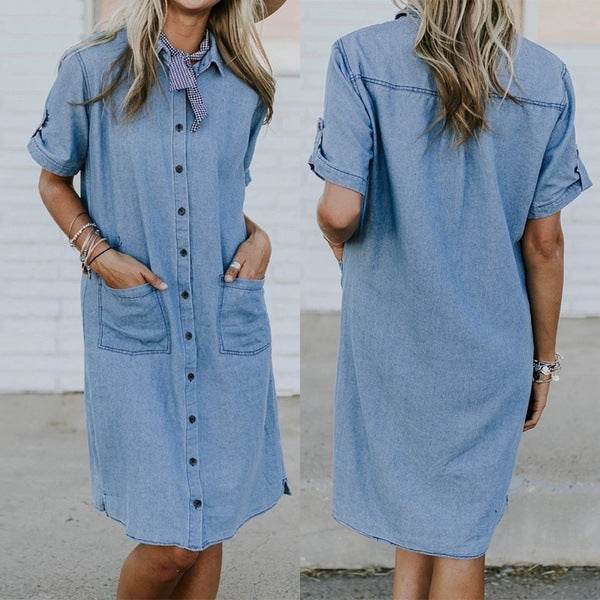 Women's Solid Color Casual Denim Short Sleeve Pocket loose Denim Dress - EX-STOCK Canada