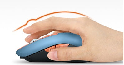 Hand holding a blue ergonomic mouse on a white background