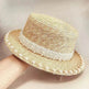 Elegant Retro Pearl Wheat Straw Flat Top Straw Hat Women's Summer Sun Protection Beach Hat Hepburn Style - EX-STOCK Canada
