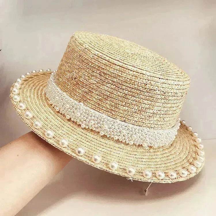 Elegant Retro Pearl Wheat Straw Flat Top Straw Hat Women's Summer Sun Protection Beach Hat Hepburn Style - EX-STOCK Canada