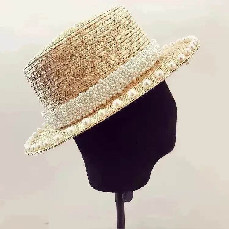Elegant Retro Pearl Wheat Straw Flat Top Straw Hat Women's Summer Sun Protection Beach Hat Hepburn Style - EX-STOCK Canada