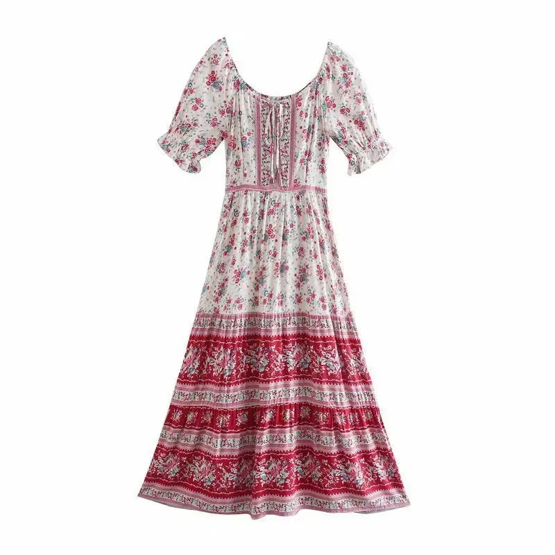 Aachoae Women Elegant A Line Long Maxi Dress With Belt Summer Floral Print Beach Dress Ruffle Short Sleeve Bow Tie Chic Dresses - EX-STOCK CANADA
