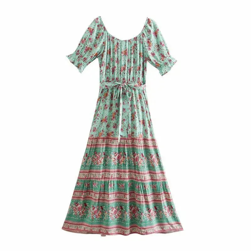 Aachoae Women Elegant A Line Long Maxi Dress With Belt Summer Floral Print Beach Dress Ruffle Short Sleeve Bow Tie Chic Dresses - EX-STOCK CANADA