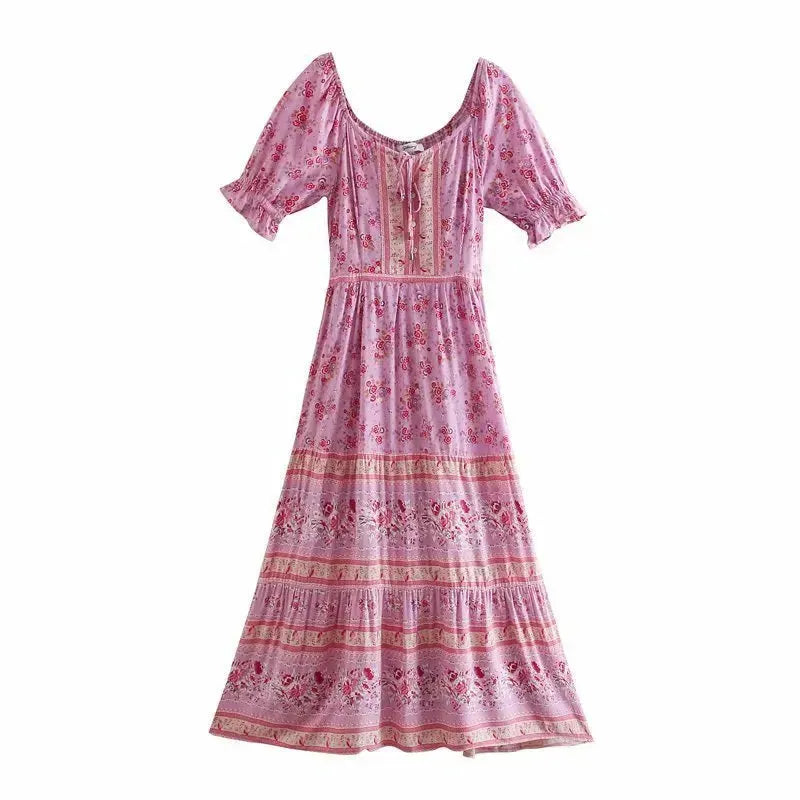 Aachoae Women Elegant A Line Long Maxi Dress With Belt Summer Floral Print Beach Dress Ruffle Short Sleeve Bow Tie Chic Dresses - EX-STOCK CANADA