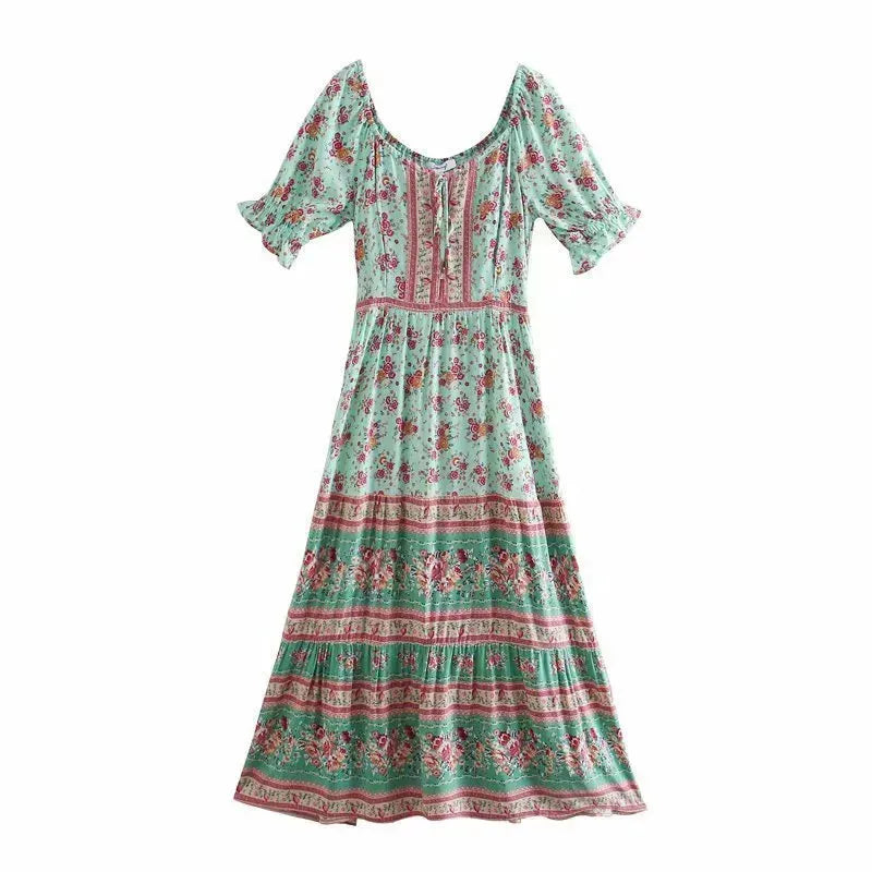 Aachoae Women Elegant A Line Long Maxi Dress With Belt Summer Floral Print Beach Dress Ruffle Short Sleeve Bow Tie Chic Dresses - EX-STOCK CANADA