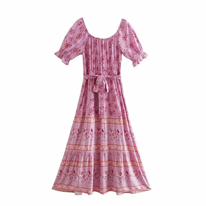 Aachoae Women Elegant A Line Long Maxi Dress With Belt Summer Floral Print Beach Dress Ruffle Short Sleeve Bow Tie Chic Dresses - EX-STOCK CANADA