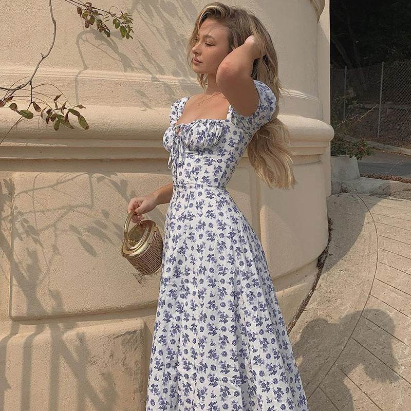 Summer Floral Print Dress Women Sexy Party Long Dresses Puff Short Sleeve - EX-STOCK Canada