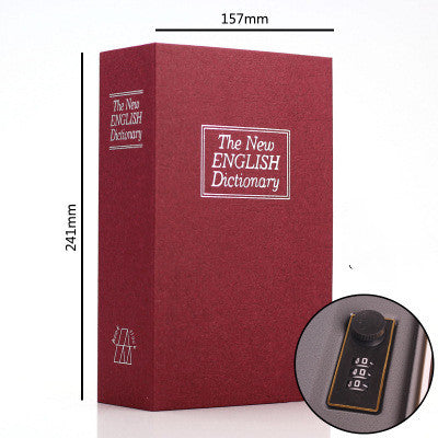 Red box labeled 'The New English Dictionary' with dimensions and a close-up of a tag.