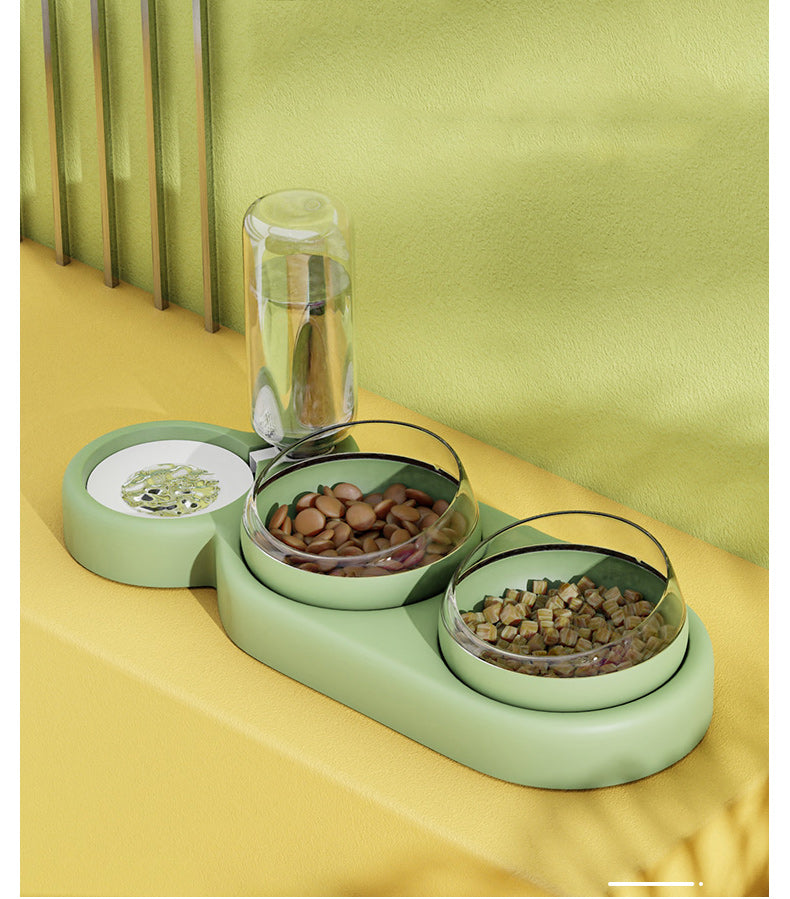 Green pet feeder with food and a glass on a yellow surface