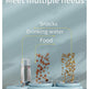 Pet feeding and water station with text indicating it meets multiple needs for snacks, drinking water, and food.